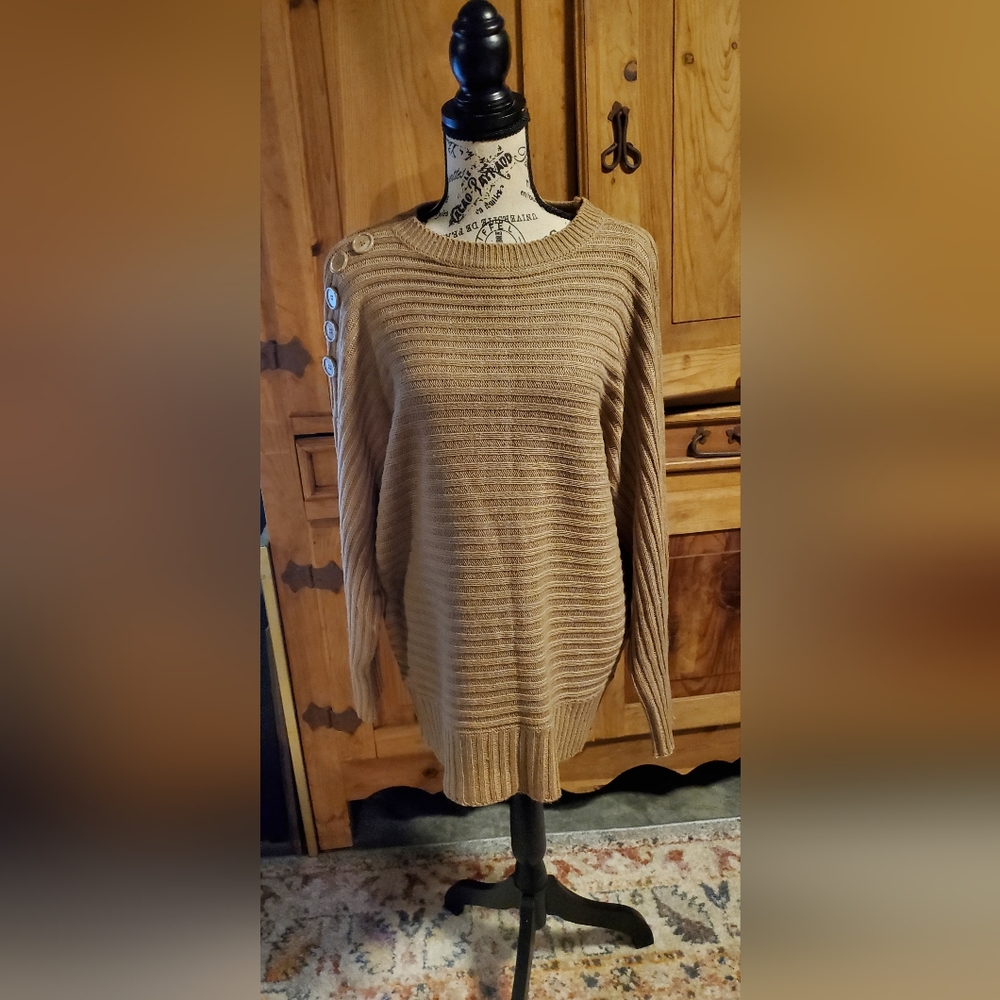 Jennifer Lauren plus taupe sweater with accent buttons on the shoulder.  Size 3X